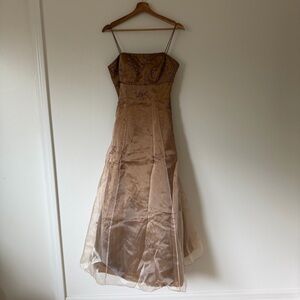 Y2K Vtg Beaded Evening Ball Gown Maxi Dress Brown Prom Quinceanera Size XS 90s